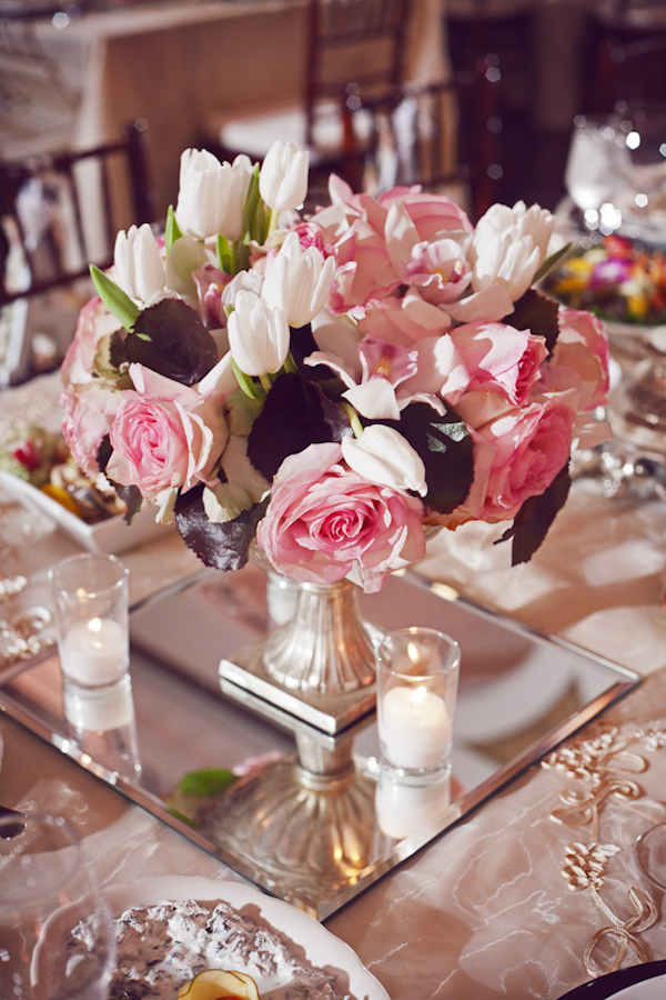 Reception centerpiece of pink roses and white tulips for armenian Wedding at Vibiana, Los Angeles, California | Photo by Duke Images